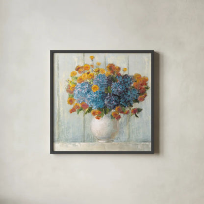 Farmhouse Hydrangeas by Danhui Nai. Shown in a sleek black glass frame for a contemporary gallery look. Available as an archival giclee rolled canvas, fine art paper, or poster print. SKU 66482a.