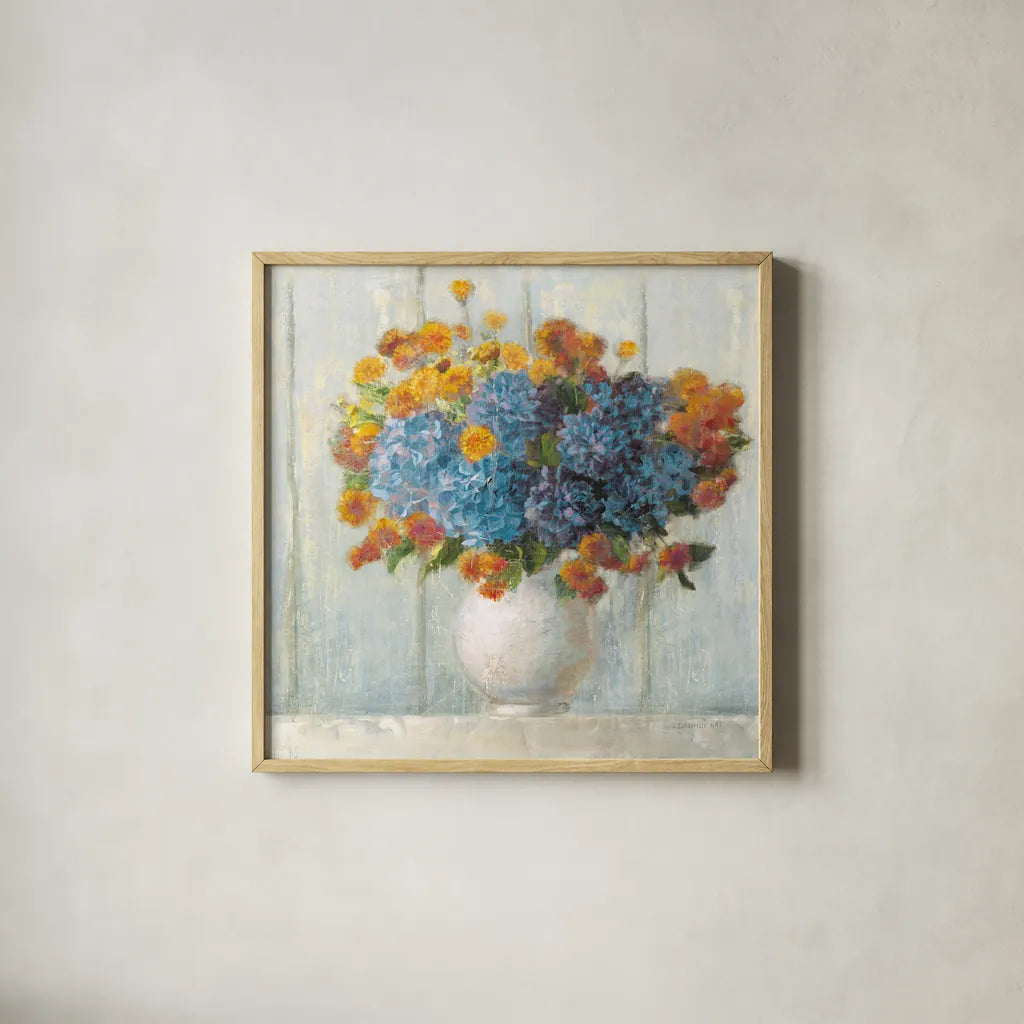 Farmhouse Hydrangeas by Danhui Nai. Shown in a natural wood glass frame for a timeless modern aesthetic. Available as an archival giclee rolled canvas, fine art paper, or poster print. SKU 66482a.