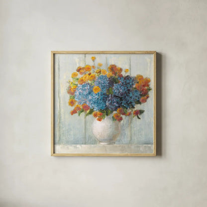 Farmhouse Hydrangeas by Danhui Nai. Shown in a natural wood glass frame for a timeless modern aesthetic. Available as an archival giclee rolled canvas, fine art paper, or poster print. SKU 66482a.