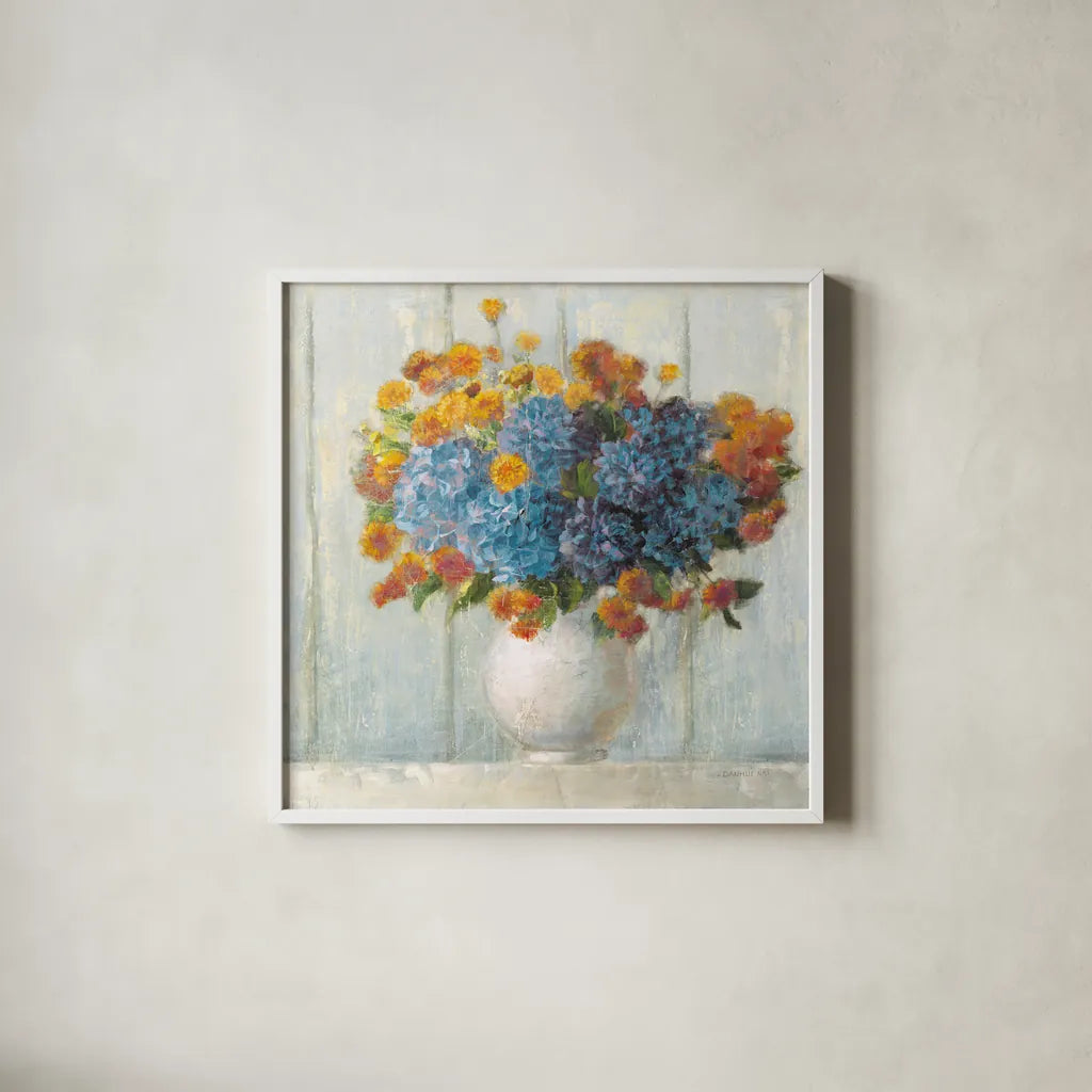 Farmhouse Hydrangeas by Danhui Nai. Shown in a crisp white glass frame for a clean and minimalist style. Available as an archival giclee rolled canvas, fine art paper, or poster print. SKU 66482a.