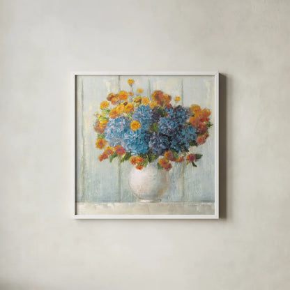 Farmhouse Hydrangeas by Danhui Nai. Shown in a crisp white glass frame for a clean and minimalist style. Available as an archival giclee rolled canvas, fine art paper, or poster print. SKU 66482a.