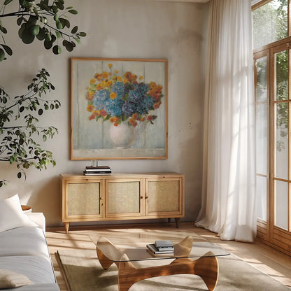 Farmhouse Hydrangeas by Danhui Nai. Shown in a natural wood frame in a cozy modern living room. Available as an archival giclee rolled canvas, fine art paper, or poster print. SKU 66482a.