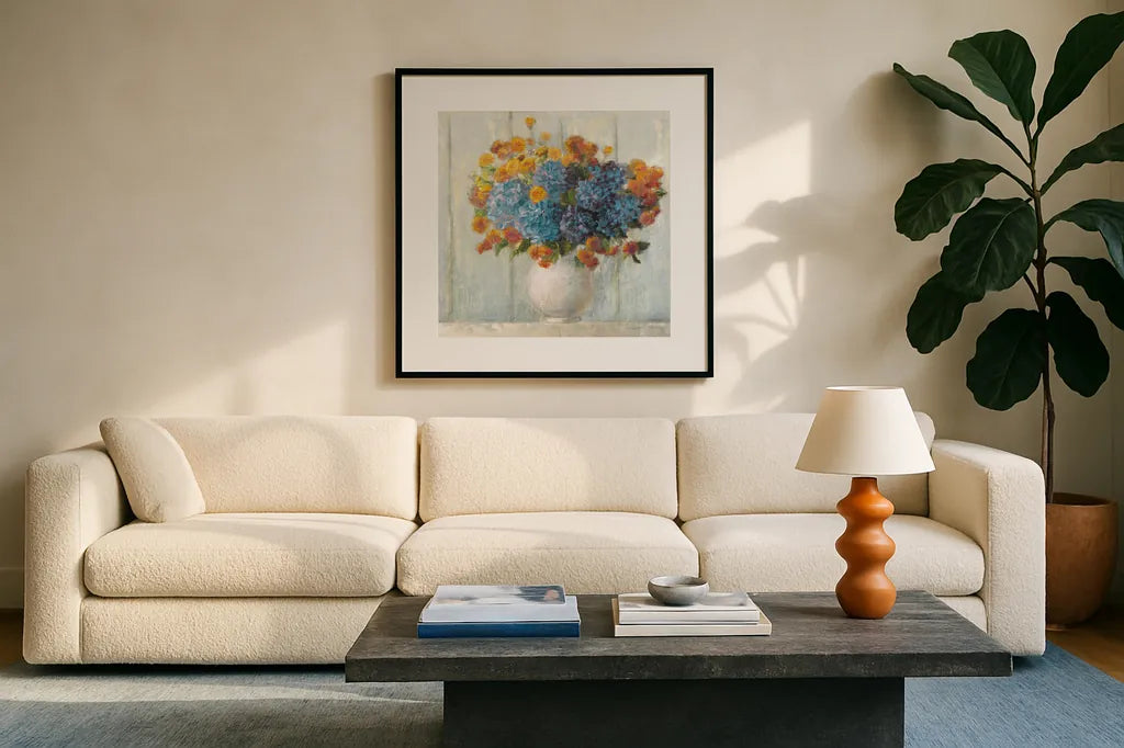 Farmhouse Hydrangeas by Danhui Nai. Displayed in a glass frame with matte in a clean modern living room. Available as an archival giclee rolled canvas, fine art paper, or poster print. SKU 66482a.