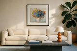 Farmhouse Hydrangeas by Danhui Nai. Displayed in a glass frame with matte in a clean modern living room. Available as an archival giclee rolled canvas, fine art paper, or poster print. SKU 66482a.