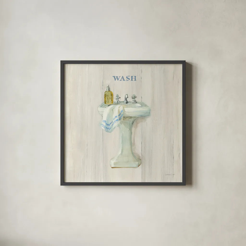 Farmhouse Sink Wash by Danhui Nai. Shown in a sleek black glass frame for a contemporary gallery look. Available as an archival giclee rolled canvas, fine art paper, or poster print. SKU 66678a.