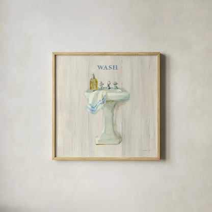 Farmhouse Sink Wash by Danhui Nai. Shown in a natural wood glass frame for a timeless modern aesthetic. Available as an archival giclee rolled canvas, fine art paper, or poster print. SKU 66678a.