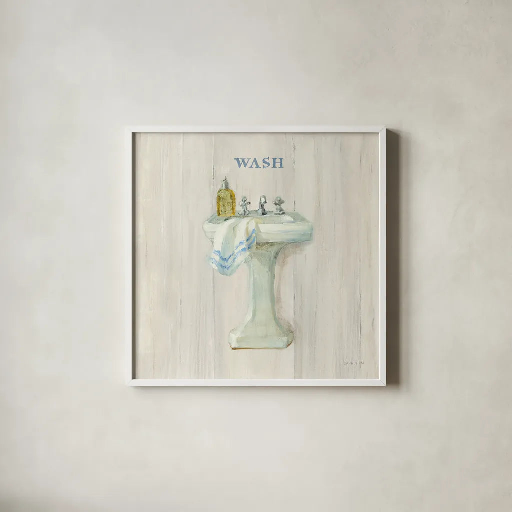 Farmhouse Sink Wash by Danhui Nai. Shown in a crisp white glass frame for a clean and minimalist style. Available as an archival giclee rolled canvas, fine art paper, or poster print. SKU 66678a.