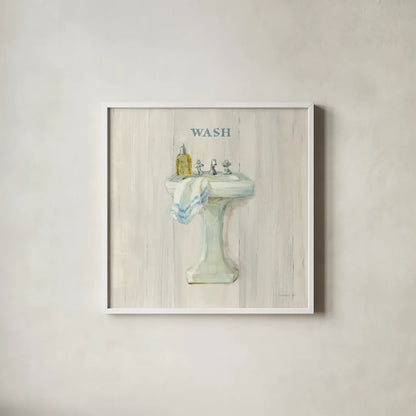 Farmhouse Sink Wash by Danhui Nai. Shown in a crisp white glass frame for a clean and minimalist style. Available as an archival giclee rolled canvas, fine art paper, or poster print. SKU 66678a.
