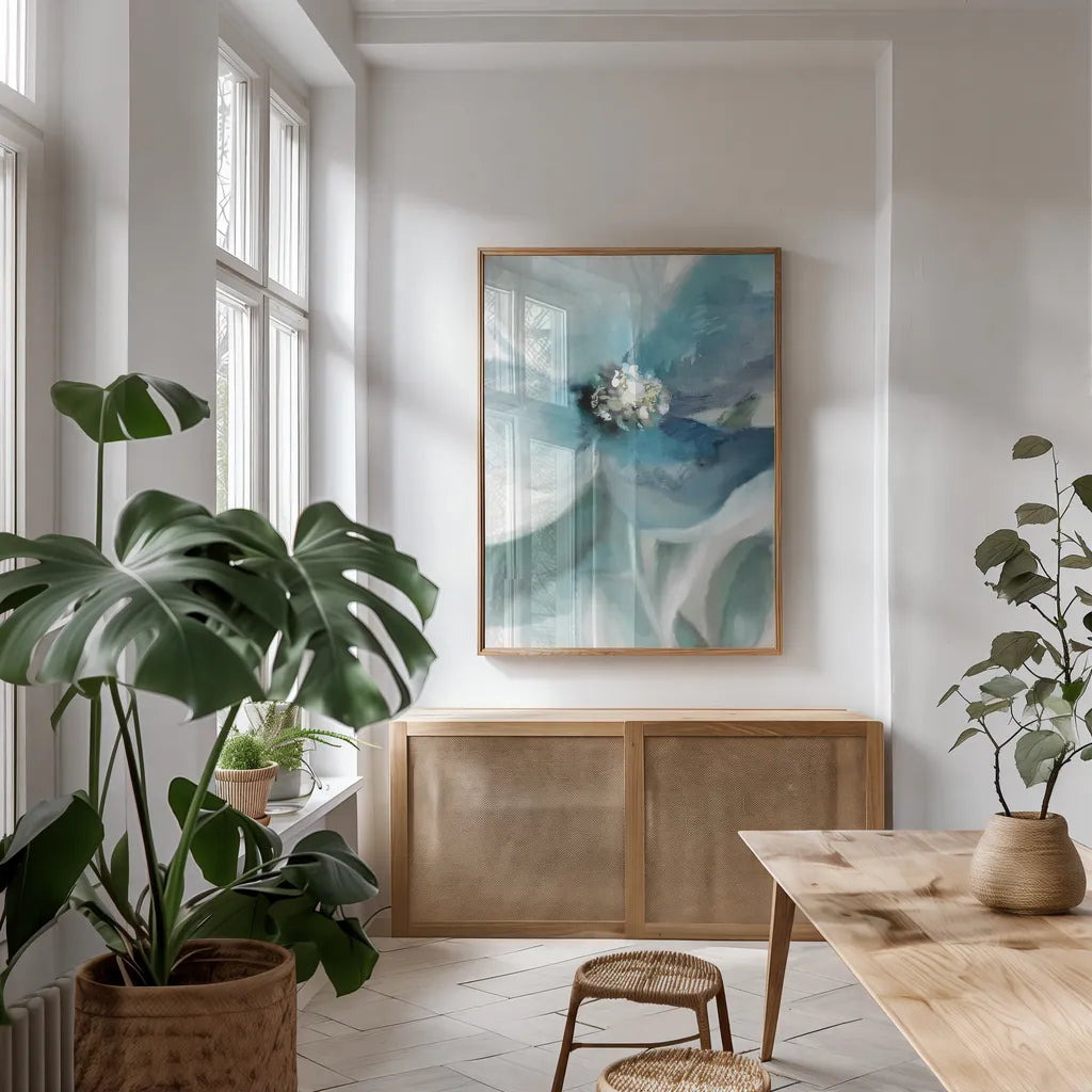 Feeling Blue I by Danhui Nai. shown as a print in a natural wood frame in a dining room. Available as a archival giclee rolled canvas, fine art paper, or poster print. SKU 94183h.