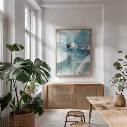 Feeling Blue I by Danhui Nai. shown as a print in a natural wood frame in a dining room. Available as a archival giclee rolled canvas, fine art paper, or poster print. SKU 94183h.