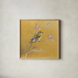 Female Goldfinch on Gold by Danhui Nai. Shown in a natural wood glass frame for a timeless modern aesthetic. Available as an archival giclee rolled canvas, fine art paper, or poster print. SKU 24627a.
