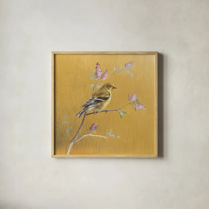 Female Goldfinch on Gold by Danhui Nai. Shown in a natural wood glass frame for a timeless modern aesthetic. Available as an archival giclee rolled canvas, fine art paper, or poster print. SKU 24627a.