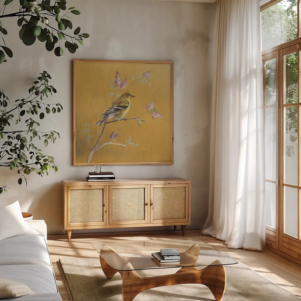 Female Goldfinch on Gold by Danhui Nai. Shown in a natural wood frame in a cozy modern living room. Available as an archival giclee rolled canvas, fine art paper, or poster print. SKU 24627a.