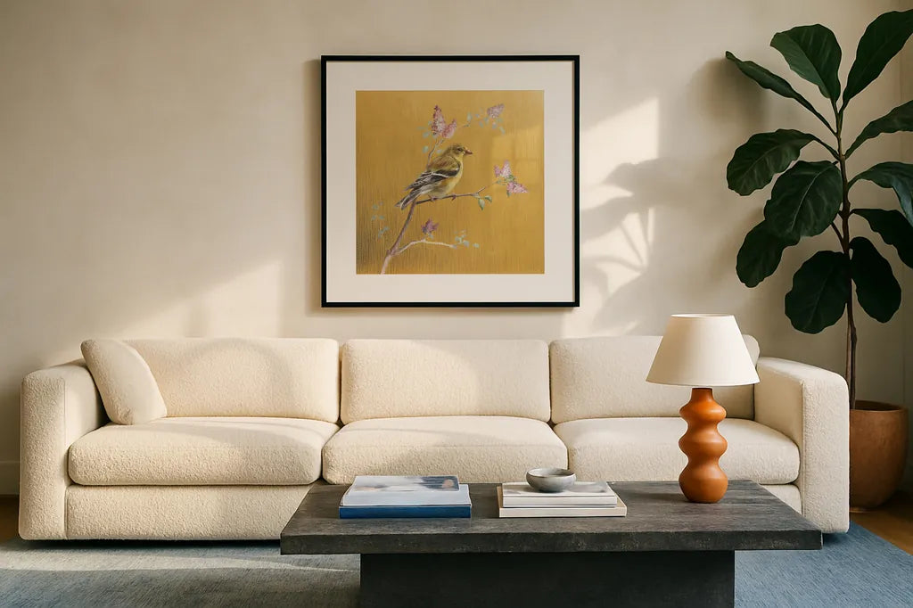 Female Goldfinch on Gold by Danhui Nai. Displayed in a glass frame with matte in a clean modern living room. Available as an archival giclee rolled canvas, fine art paper, or poster print. SKU 24627a.