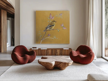 Female Goldfinch on Gold by Danhui Nai. Shown as extra-large giant wall art in a modern living room. Available as an archival giclee rolled canvas, fine art paper, or poster print. SKU 24627a.