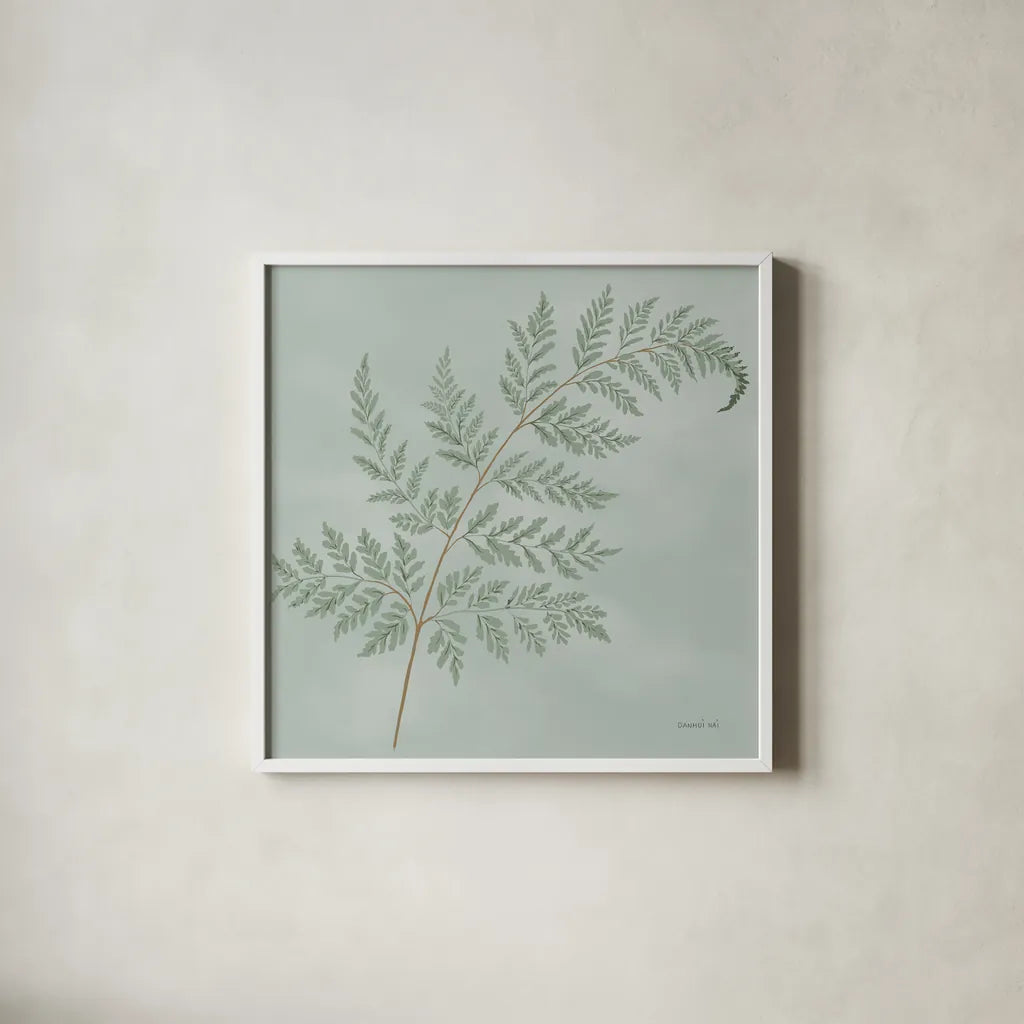 Fern I by Danhui Nai. Shown in a crisp white glass frame for a clean and minimalist style. Available as an archival giclee rolled canvas, fine art paper, or poster print. SKU 84102a.