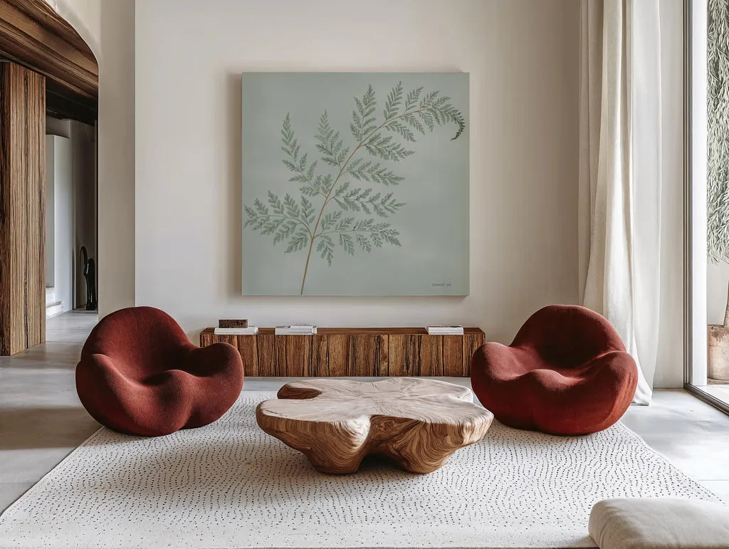Fern I by Danhui Nai. Shown as extra-large giant wall art in a modern living room. Available as an archival giclee rolled canvas, fine art paper, or poster print. SKU 84102a.