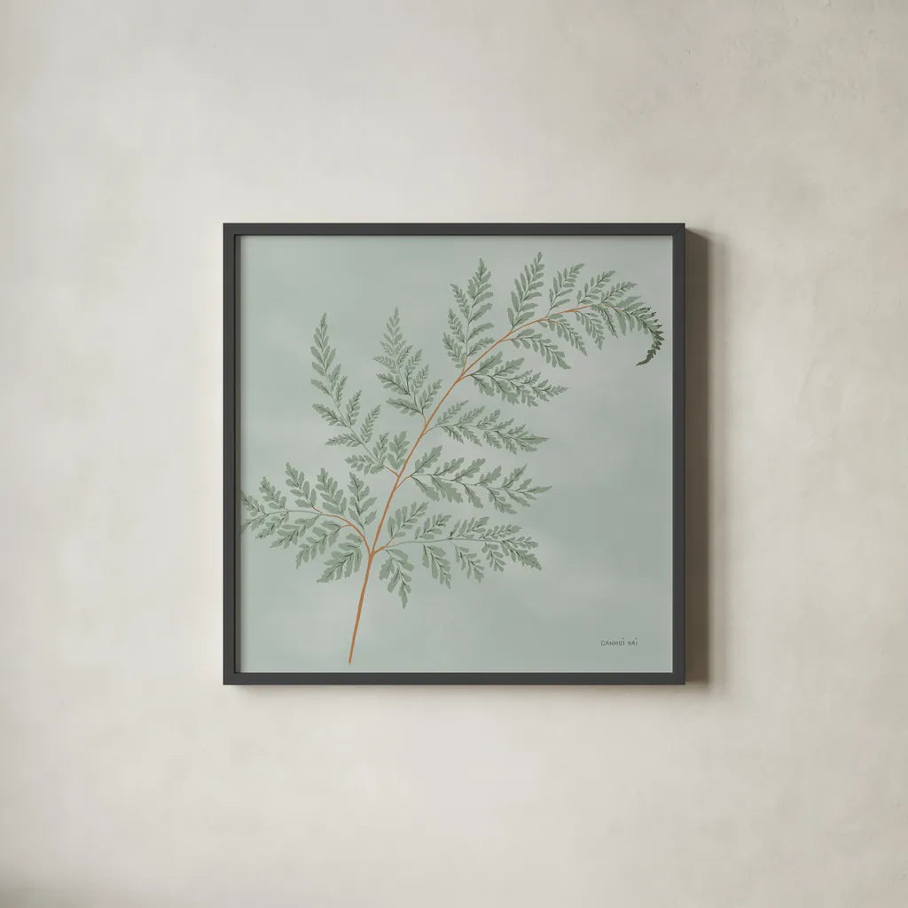 Fern I with Orange by Danhui Nai. Shown in a sleek black glass frame for a contemporary gallery look. Available as an archival giclee rolled canvas, fine art paper, or poster print. SKU 86268a.