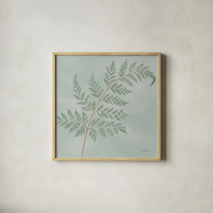 Fern I with Orange by Danhui Nai. Shown in a natural wood glass frame for a timeless modern aesthetic. Available as an archival giclee rolled canvas, fine art paper, or poster print. SKU 86268a.