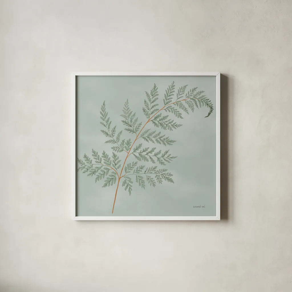 Fern I with Orange by Danhui Nai. Shown in a crisp white glass frame for a clean and minimalist style. Available as an archival giclee rolled canvas, fine art paper, or poster print. SKU 86268a.