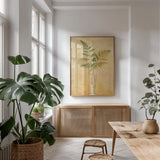 Ferns in Glass Vase I by Danhui Nai. shown as a print in a natural wood frame in a dining room. Available as a archival giclee rolled canvas, fine art paper, or poster print. SKU 36561h.