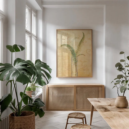 Ferns in Glass Vase II by Danhui Nai. shown as a print in a natural wood frame in a dining room. Available as a archival giclee rolled canvas, fine art paper, or poster print. SKU 36562h.