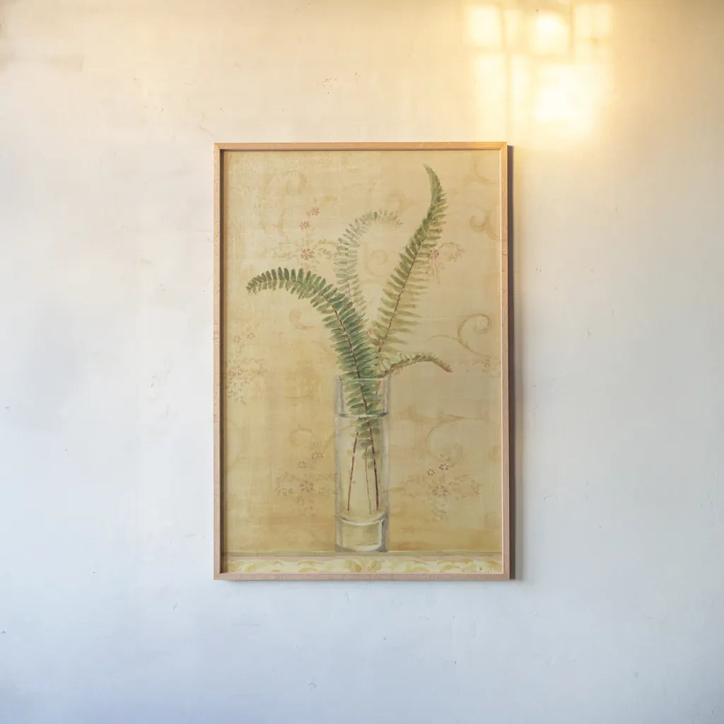 Ferns in Glass Vase II by Danhui Nai. shown as a paper print in a natural frame. Available as a archival giclee rolled canvas, fine art paper, or poster print. SKU 36562h.