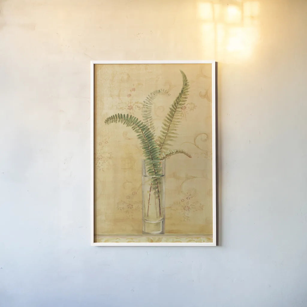 Ferns in Glass Vase II by Danhui Nai. shown as a paper print in a white frame. Available as a archival giclee rolled canvas, fine art paper, or poster print. SKU 36562h.