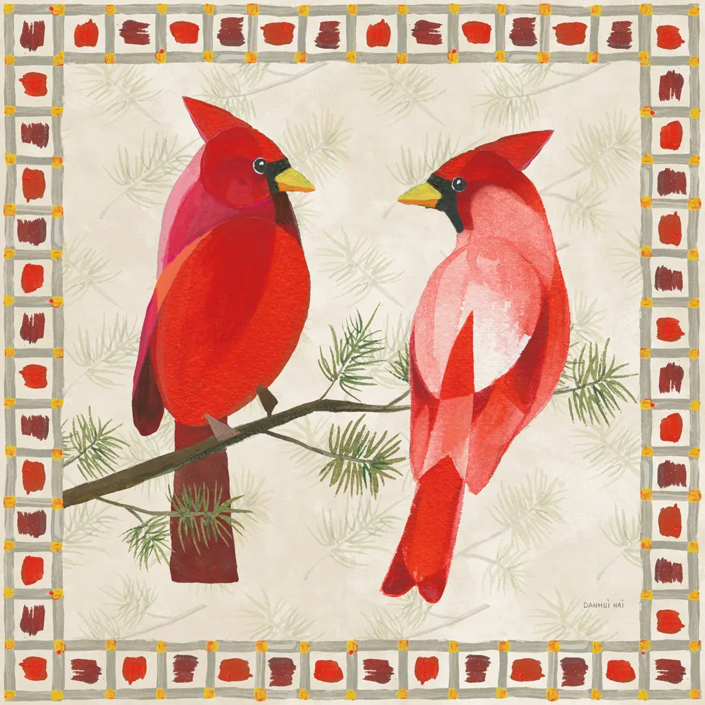 Festive Birds Two Cardinals by Danhui Nai. SKU 21050a. Archival Giclee Fine art print for wall decor.