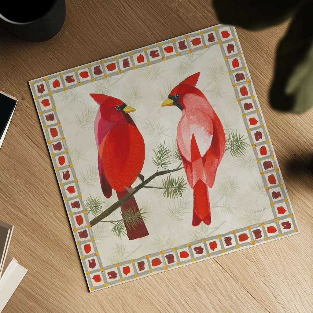 Festive Birds Two Cardinals by Danhui Nai. Shown as a detailed flat fine art print, highlighting archival giclee quality. Available as an archival giclee rolled canvas, fine art paper, or poster print. SKU 21050a.