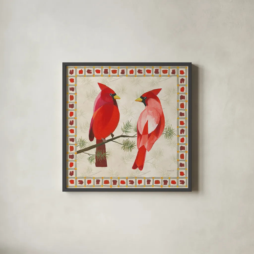 Festive Birds Two Cardinals by Danhui Nai. Shown in a sleek black glass frame for a contemporary gallery look. Available as an archival giclee rolled canvas, fine art paper, or poster print. SKU 21050a.