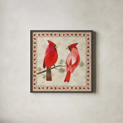 Festive Birds Two Cardinals by Danhui Nai. Shown in a sleek black glass frame for a contemporary gallery look. Available as an archival giclee rolled canvas, fine art paper, or poster print. SKU 21050a.