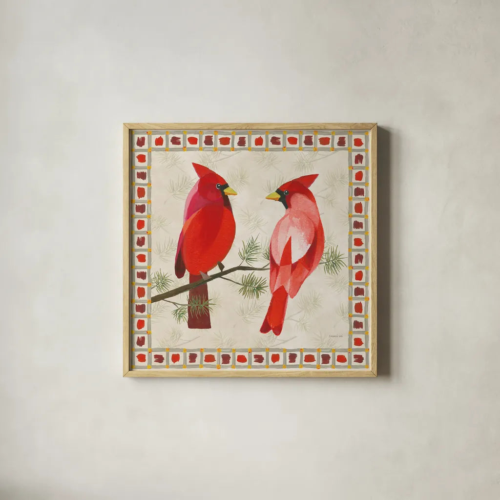 Festive Birds Two Cardinals by Danhui Nai. Shown in a natural wood glass frame for a timeless modern aesthetic. Available as an archival giclee rolled canvas, fine art paper, or poster print. SKU 21050a.