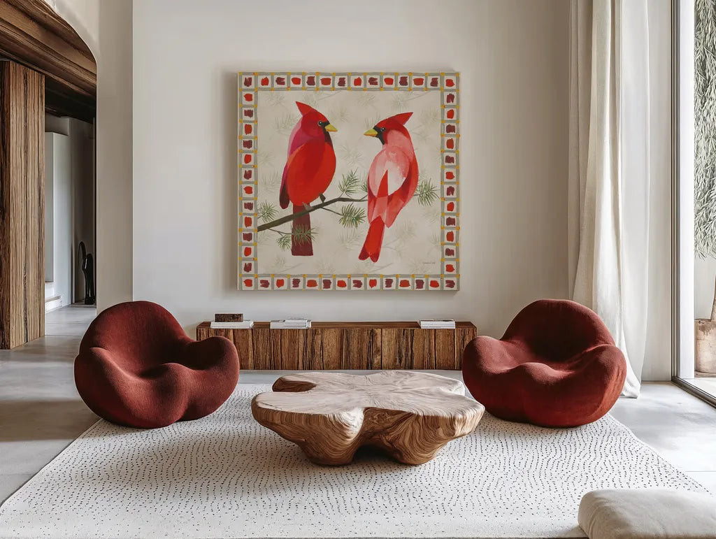 Festive Birds Two Cardinals by Danhui Nai. Shown as extra-large giant wall art in a modern living room. Available as an archival giclee rolled canvas, fine art paper, or poster print. SKU 21050a.