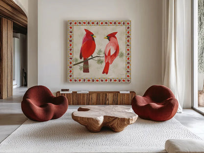 Festive Birds Two Cardinals by Danhui Nai. Shown as extra-large giant wall art in a modern living room. Available as an archival giclee rolled canvas, fine art paper, or poster print. SKU 21050a.