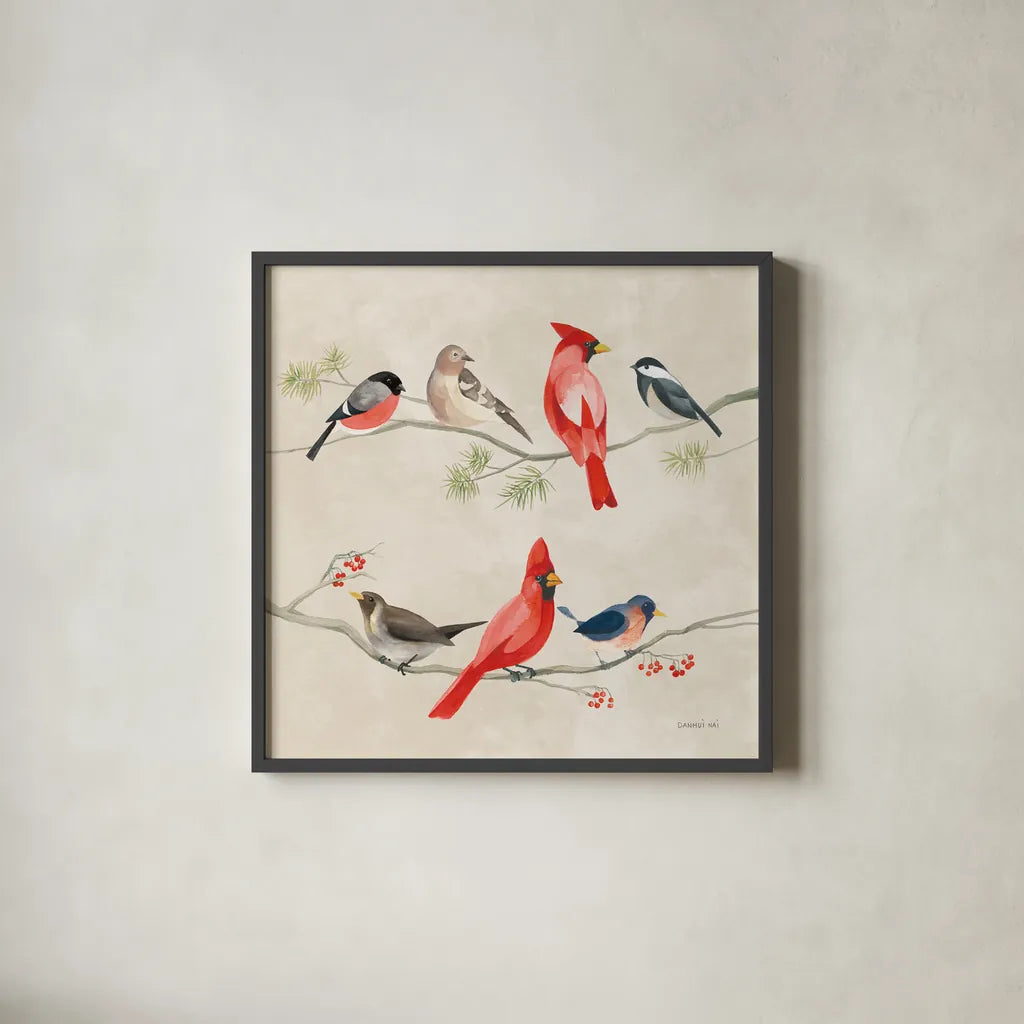 Festive Friends I by Danhui Nai. Shown in a sleek black glass frame for a contemporary gallery look. Available as an archival giclee rolled canvas, fine art paper, or poster print. SKU 87748a.