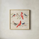 Festive Friends I by Danhui Nai. Shown in a natural wood glass frame for a timeless modern aesthetic. Available as an archival giclee rolled canvas, fine art paper, or poster print. SKU 87748a.