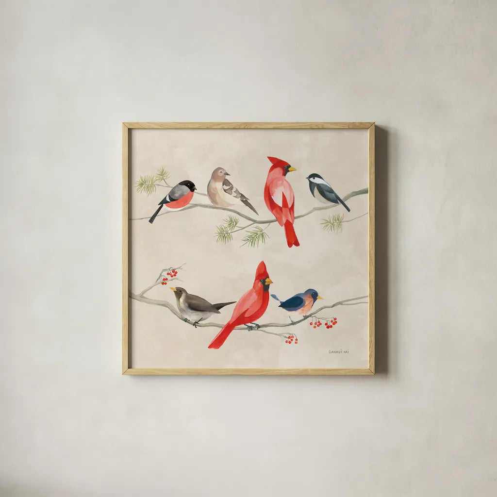 Festive Friends I by Danhui Nai. Shown in a natural wood glass frame for a timeless modern aesthetic. Available as an archival giclee rolled canvas, fine art paper, or poster print. SKU 87748a.