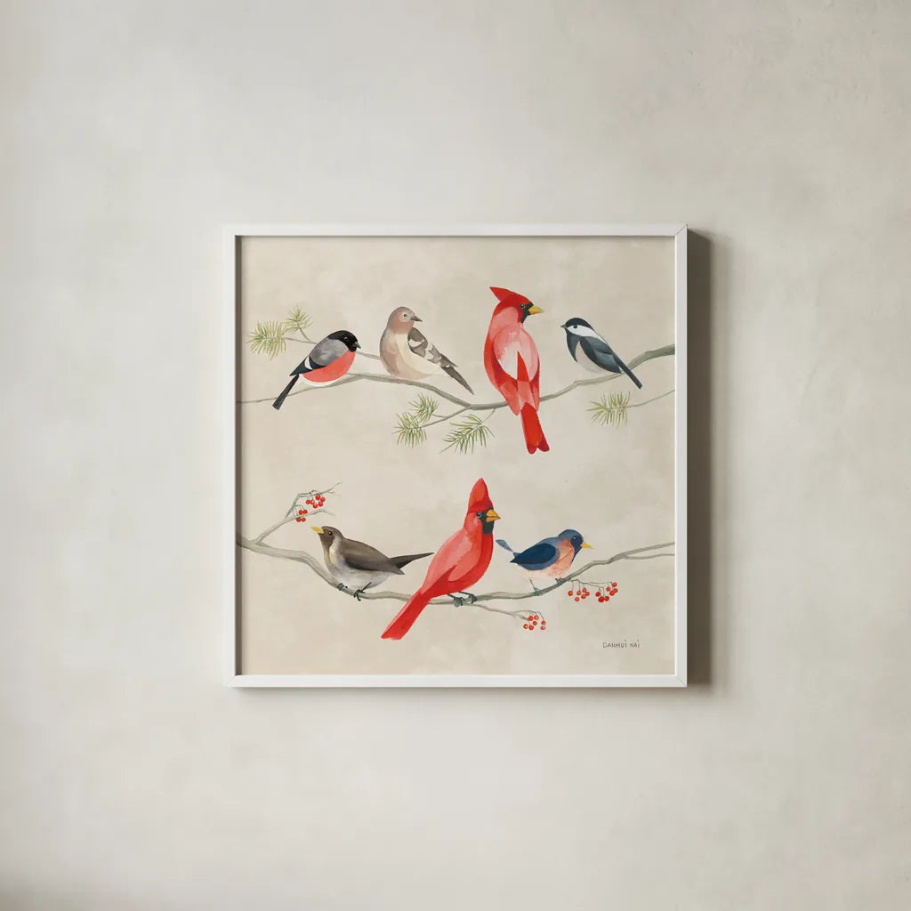 Festive Friends I by Danhui Nai. Shown in a crisp white glass frame for a clean and minimalist style. Available as an archival giclee rolled canvas, fine art paper, or poster print. SKU 87748a.