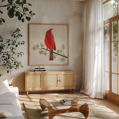 Festive Friends III by Danhui Nai. Shown in a natural wood frame in a cozy modern living room. Available as an archival giclee rolled canvas, fine art paper, or poster print. SKU 87750a.