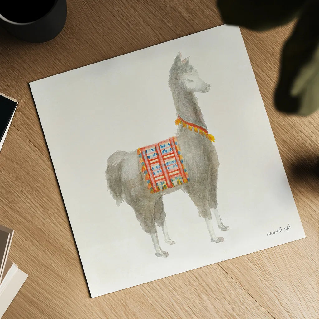 Festive Llama I by Danhui Nai. Shown as a detailed flat fine art print, highlighting archival giclee quality. Available as an archival giclee rolled canvas, fine art paper, or poster print. SKU 48481a.