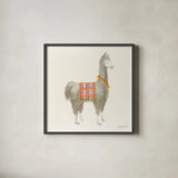 Festive Llama I by Danhui Nai. Shown in a sleek black glass frame for a contemporary gallery look. Available as an archival giclee rolled canvas, fine art paper, or poster print. SKU 48481a.