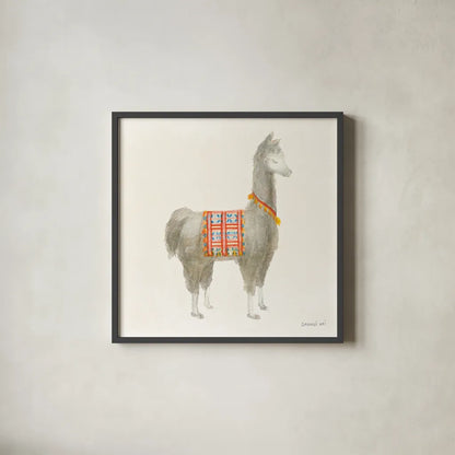 Festive Llama I by Danhui Nai. Shown in a sleek black glass frame for a contemporary gallery look. Available as an archival giclee rolled canvas, fine art paper, or poster print. SKU 48481a.