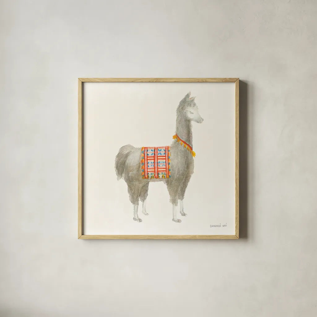 Festive Llama I by Danhui Nai. Shown in a natural wood glass frame for a timeless modern aesthetic. Available as an archival giclee rolled canvas, fine art paper, or poster print. SKU 48481a.