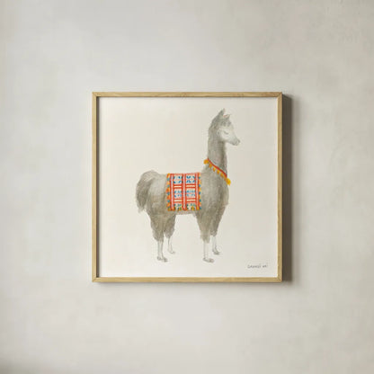 Festive Llama I by Danhui Nai. Shown in a natural wood glass frame for a timeless modern aesthetic. Available as an archival giclee rolled canvas, fine art paper, or poster print. SKU 48481a.