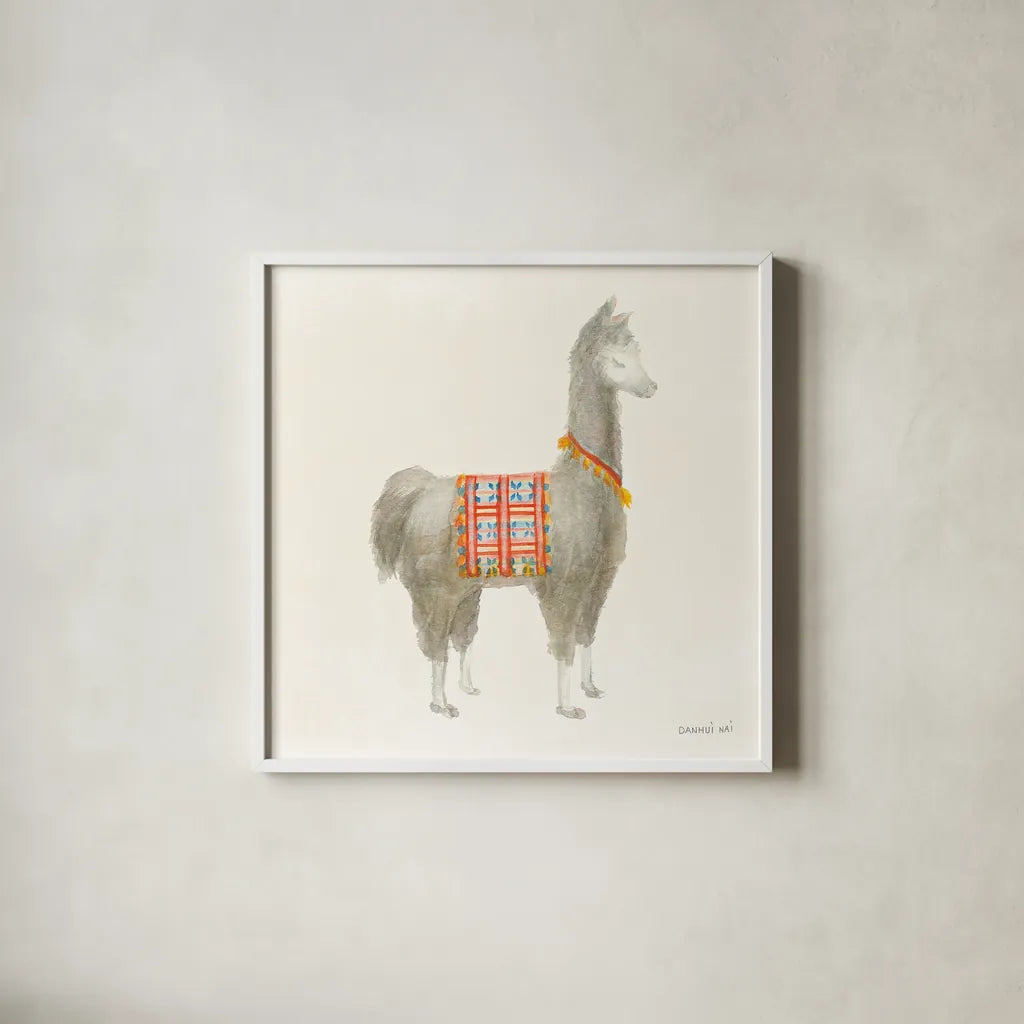 Festive Llama I by Danhui Nai. Shown in a crisp white glass frame for a clean and minimalist style. Available as an archival giclee rolled canvas, fine art paper, or poster print. SKU 48481a.