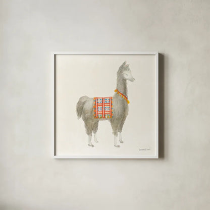 Festive Llama I by Danhui Nai. Shown in a crisp white glass frame for a clean and minimalist style. Available as an archival giclee rolled canvas, fine art paper, or poster print. SKU 48481a.