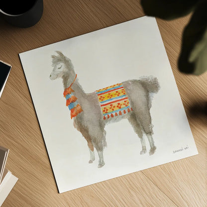 Festive Llama II by Danhui Nai. Shown as a detailed flat fine art print, highlighting archival giclee quality. Available as an archival giclee rolled canvas, fine art paper, or poster print. SKU 48482a.