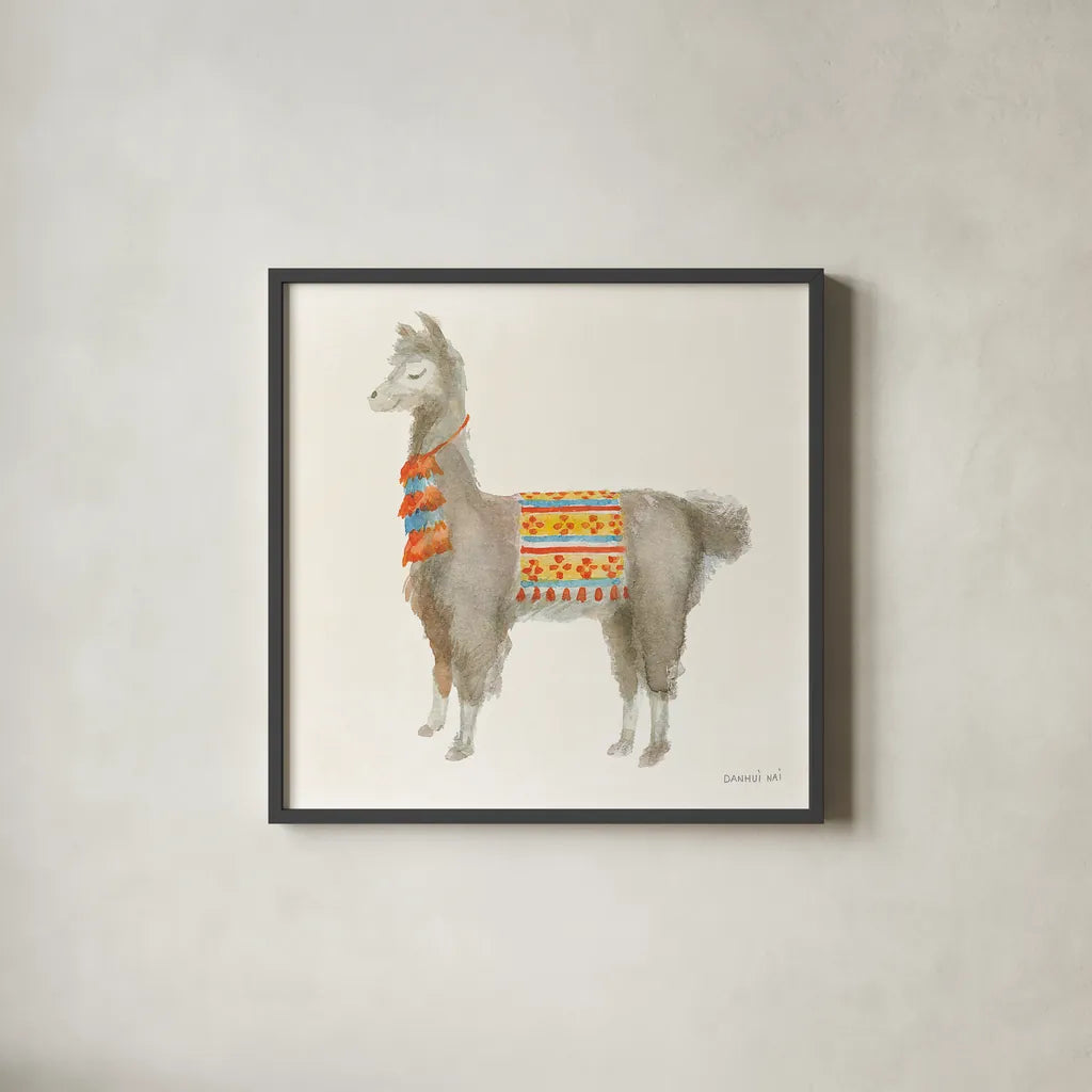 Festive Llama II by Danhui Nai. Shown in a sleek black glass frame for a contemporary gallery look. Available as an archival giclee rolled canvas, fine art paper, or poster print. SKU 48482a.