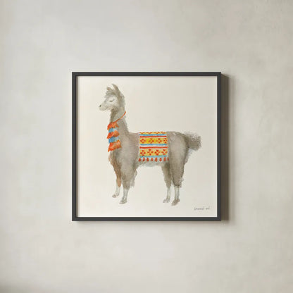 Festive Llama II by Danhui Nai. Shown in a sleek black glass frame for a contemporary gallery look. Available as an archival giclee rolled canvas, fine art paper, or poster print. SKU 48482a.